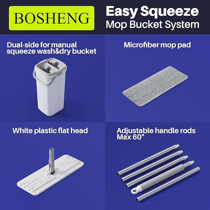 Mop and Bucket Set Flat Mops for Floor Cleaning Wall Mop with 60 Extensible Handle Hardwood Floor Mop with 4 Microfiber Pads