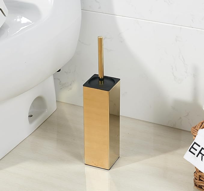 BGL Square Toilet Brush with HolderStainless Steel Rubber Painted Toilet Bowl Brush and Holder for Bathroom2 Cleaner Brush HeadsGold