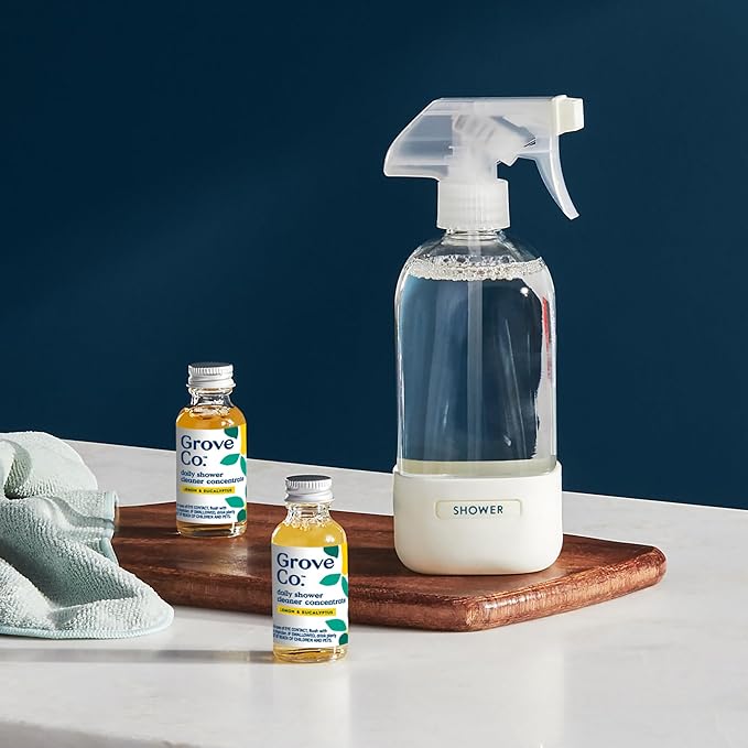 Grove Co. Daily Shower Cleaner Refill Concentrate (2 x 1 Fl Oz) + 1 x Reusable Glass Spray Bottle (16 Oz) Plant-Based Cleaning Supplies Reduced Plastic Lemon &amp Eucalyptus Fragrance