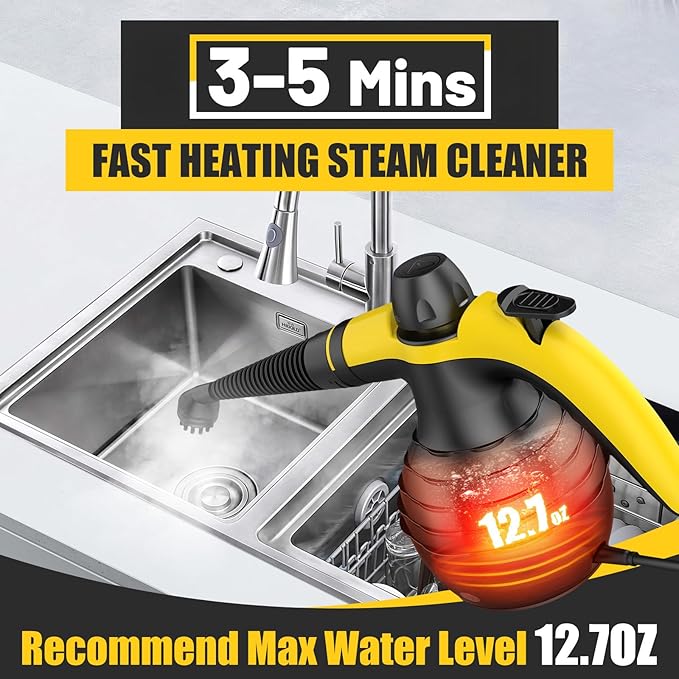 Pressurized Handheld Steam Cleaner with 10pcs Accessories &amp Safety Lock Multi-Purpose &amp Powerful Home Use Steamer for Cleaning Car Bathroom Shower Upholstery Grout Window (Black)