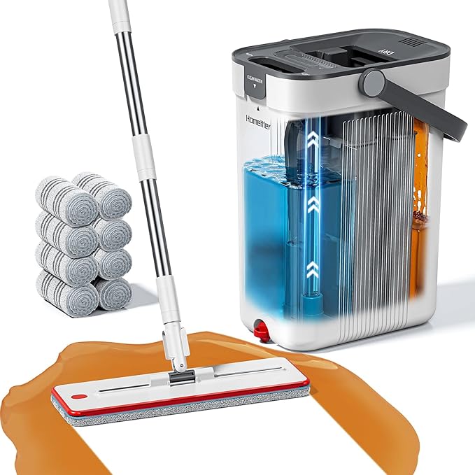 Mop and Bucket Set 3-Tank Flat Mop and Bucket System for Separate Dirty &amp Clean Water 65 Mops for Floor Cleaning with 8 Washable Pads Safe for Hardwood Vinyl Tile Baseboards Walls