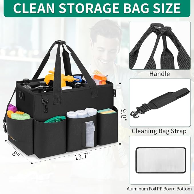 Wearable Cleaning Caddy Bag for Cleaning Supplies Large Capacity Cleaning Organizer Tote Bag Kitchen Cleaning Supplies Storage Bag for Cleaners Housekeepers (Black)