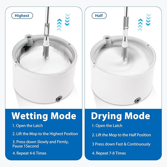 Spin Mop and Bucket with Wringer Set 360° Spinning Mop Bucket with Separate Dirty and Clean Water System with 3 Microfiber Mop Pads and 52 Stainless Steel Adjustable Handle for Floor Wall Cleaning