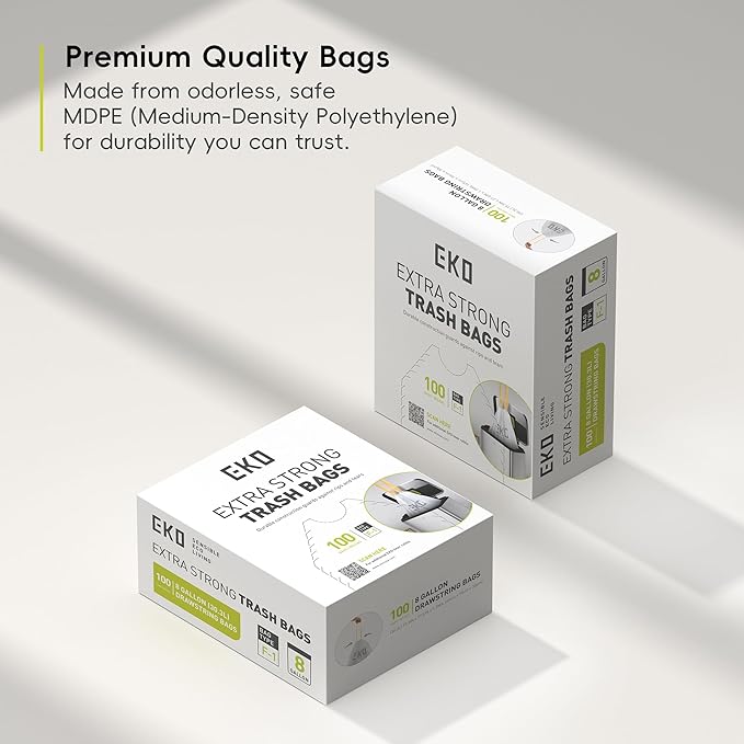 EKO 8 Gallon / 30.3 Liter100 Count Drawstring Trash Bags Extra-Strong Unscented Garbage Bags Easy-Dispense Roll for Kitchen &amp Household Use Resists Tears Leaks and Punctures Code F-1 White