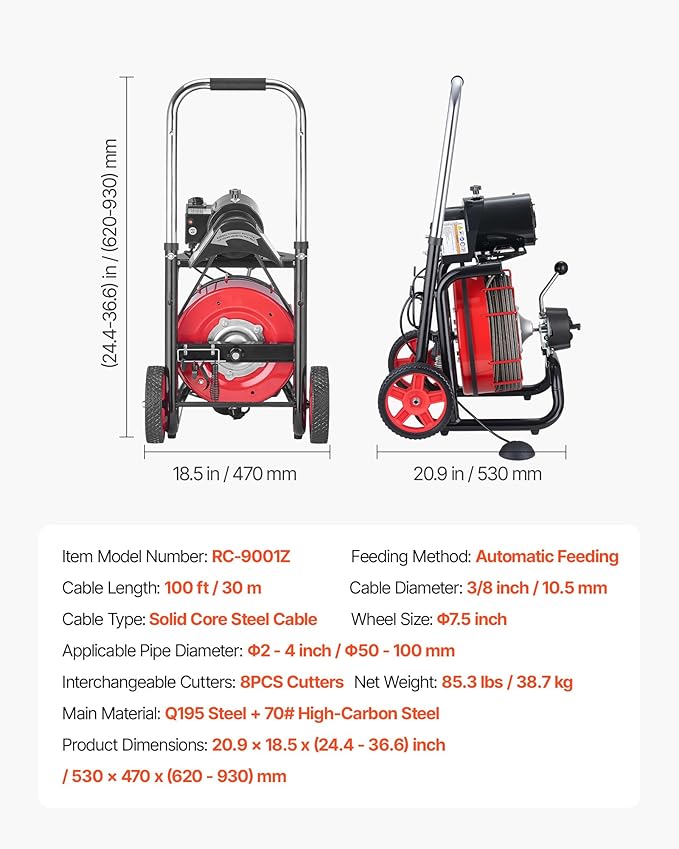 VEVOR Drain Cleaner Machine 100 FT x 3/8 Inch Auto Feed Sewer Snake Auger on Wheels - with 8 Cutters &amp Air-Activated Foot Switch for 2 to 4 Pipes
