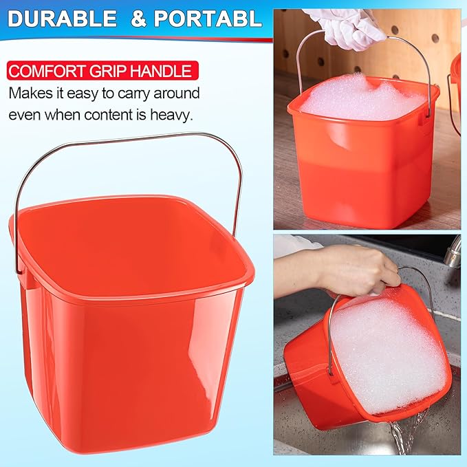 Zhehao 6 Pcs 3 Quart Bucket for Cleaning Small Sanitizer Bucket for Restaurant Square Plastic Pail with Handles for Home Offices Commercial Use Food Service(Red)
