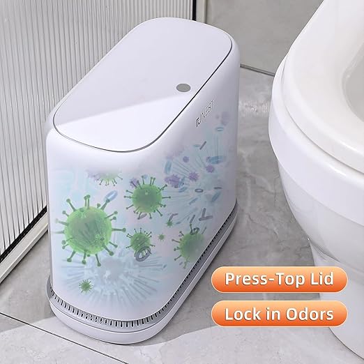funest Bathroom Trash Can 3.3 Gallon Slim Trash Can with Lid Adsorption Garbage Can with Press-Top Lid Small White Narrow Plastic Trash Bin for Bathroom Office Bedroom Living Room