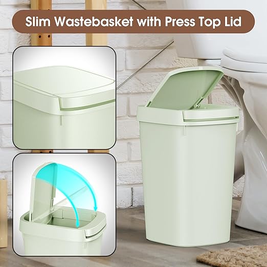 CEROELDA 3 Pack Bathroom Trash Can with Lid 10L/2.6 Gal Small Garbage Can with Press Top Lid Slim Plastic Waste Basket for Toilet Office Bedroom (Green)