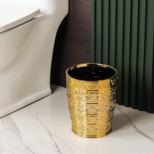 Round Ceramic Small Trash Can Wastebasket Garbage Container Bin for Bathrooms Powder Rooms Kitchens Home Offices - Durable - Gold Christmas Decor