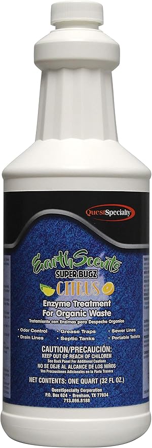 Quest Specialty Super Bugz ENZYMES for Grease Trap &amp Sewer - Controls Foul Odors &amp Breaks Down Grease Paper Fat &amp Oil in Sewer Lines Septic Tanks &amp Grease Traps Citrus Scent - 1 qt