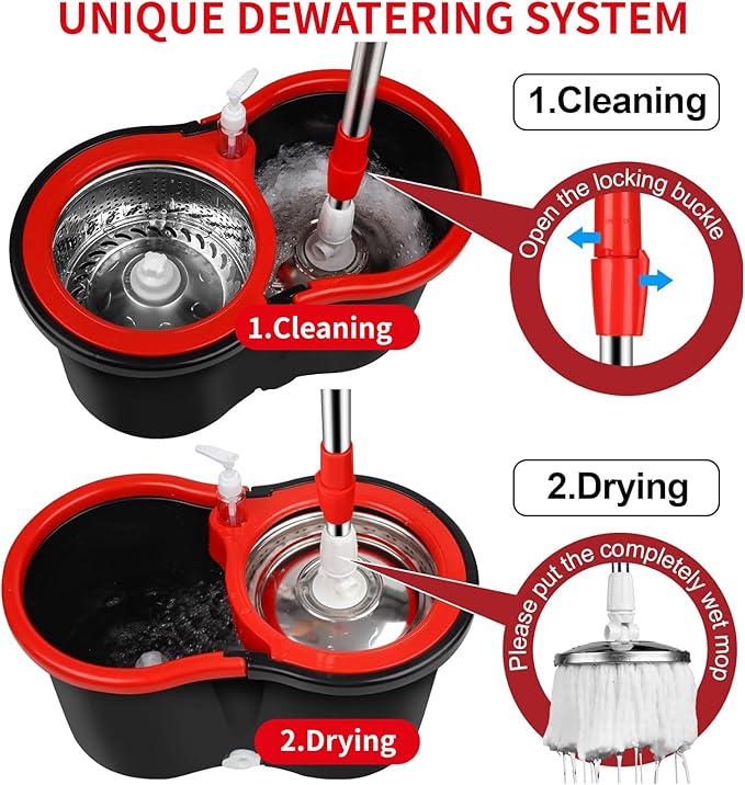 Operable 360 ° Rotating Mop Bucket SetMop and Bucket with Wringer Setwith 3 Microfiber Replacement HeadStainless Steel Mop Bucket 61 Inch Adjustable Handle Household Cleaning Tools（2 Sets