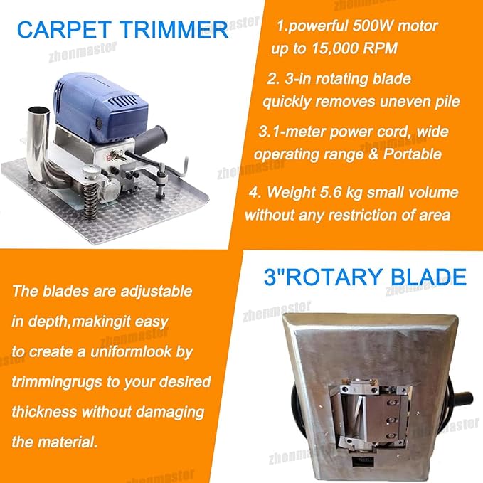500w Electric Carpet Trimmer Flat Rug Shearing Machine 15000rpm with Adjustable Depth 3-Inch Blade - Portable Carpet Cutter Low Noise Vibration for Household Tufted Handmade Rugs