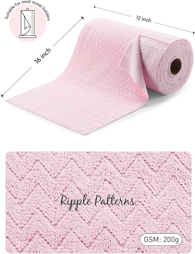 Fantasticlean Microfiber Cleaning Cloth Roll 16 x 12- 50 Sheets Reusable Tear Away Microfiber Towels Ultra Absorbent Dish Rags for Car Home or Office (Pink Ripple)