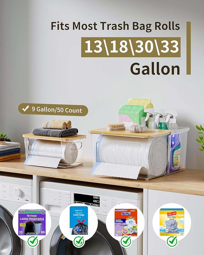 Trash Bag Dispenser Holder - 3 in 1 Acrylic Plastic Garbage Bag Pantry Organizer Clear Large Laundry Pods Container with Lid Stackable Under Sink Kitchen Laundry Room Organization and Storage