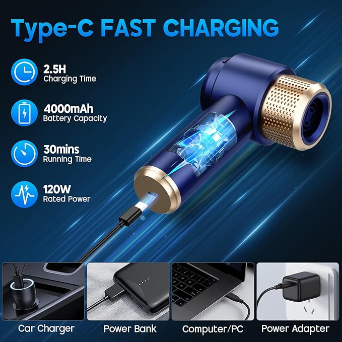 JONYJ Handheld Car Vacuum Cleaner 16000PA Hand Held Vacuum Portable Cordless 2 in 1 Air Duster and Vacuum Cleaner with LED Light Multi-Nozzles 120W High Power Mini Vacuum for Home Pet Office