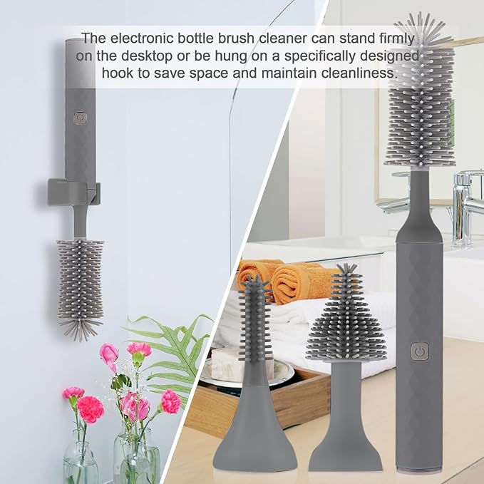 Electric Bottle Brush 4 Piece Bottle Brush Set with Baby Bottle Brush Cleaner Nipple Brush Pacifier Cleaner Straw Cleaner Brush Gifts for Newborns and Mothers Grey