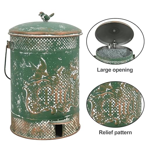 Farmhouse Garbage Can with Lid Indoor Outdoor Trash Can with Embossed Bird and Flowers PatternMetal Retro Kitchen Trash Can with Lid for Kitchen Room and Garden Decor (Green)