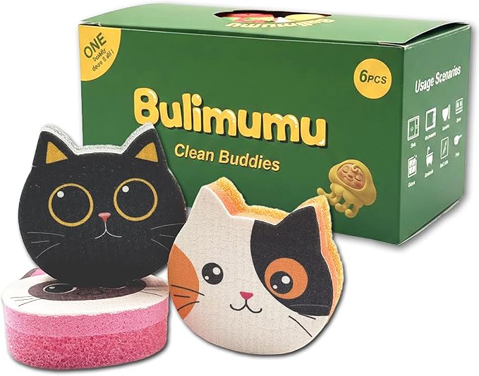 Bulimumu Kitchen Sponge Composite Swedish Dish Clothes Cute Cat Set Dual-Action Scrubber with Smart-Response Layer Non-Scratch Dishwashing Sponges(6 Pack)