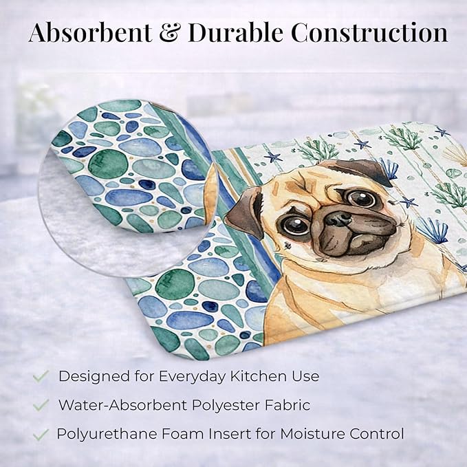 Caroline's Treasures Fawn Pug Coastal Sea Glass Dish Drying Mat Absorbent Dish Drying Mat Pad for Kitchen Counter Dish Drainer Mat for Countertop 14 x 21 Multicolor