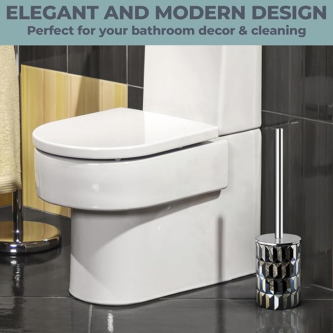 Escenzy Cute Toilet Brush and Holder Set Mosaic Glass | Non-Rustic Stainless Steel | Practical &amp Decorative Toilet Bowl Brush and Holder | Luxury Black and Gold Bathroom Accessories (Latest)