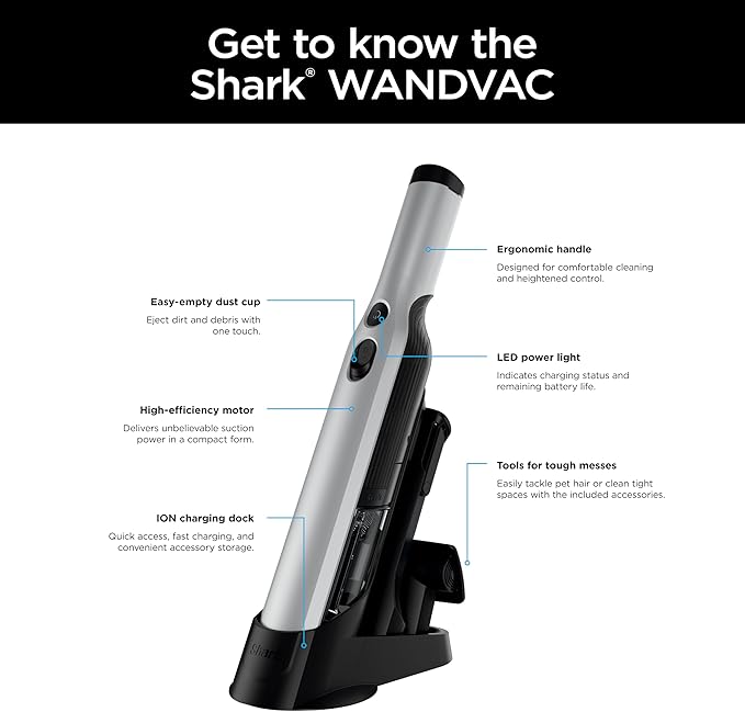 Shark WANDVAC Cordless Hand Vac Lightweight Versatile and Portable at 1.4 lbs. Powerful Suction Charging Dock One-Touch Empty NEW Furfins Tool &amp Crevice Tool for Pet &amp Home Gray WV201W