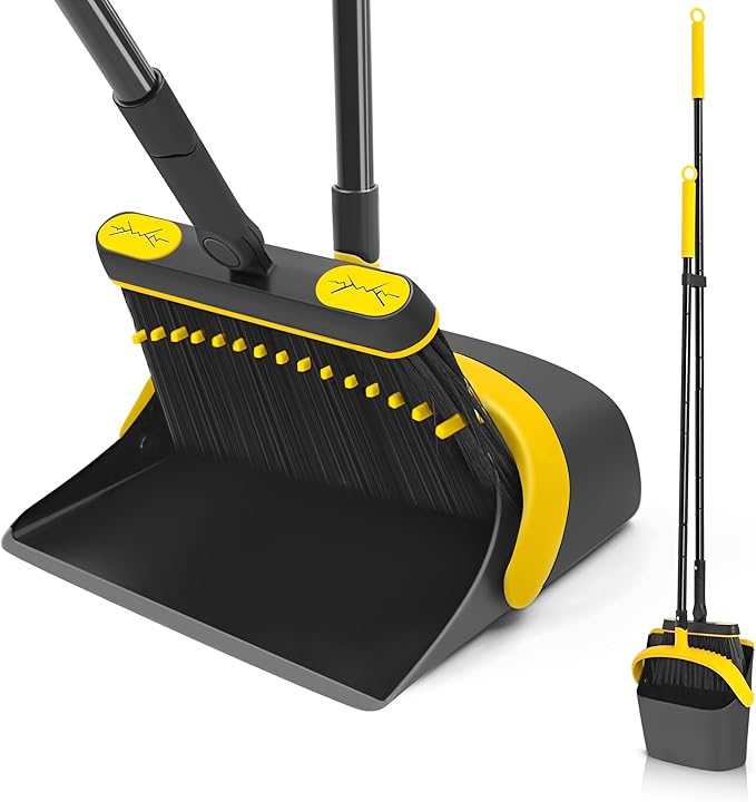 JEHONN Broom and Dust Pan 54.3 inches Long Handle Swivel Brush Upright Foldable Dustpan with Comb Teeth for Home Kitchen Lobby Indoor Floor Cleaning (Black &amp Yellow)