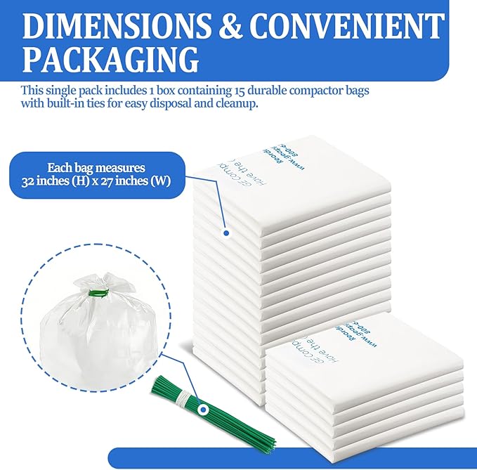 18 Gallon Heavy Duty Trash Compactor Bags WX60X1 for Most 15-Inch Trash Compactors and Garbage CansCompatible with GE KitchenAid Kenmore Whirlpoolreplaces WC60X5015(30 pack)