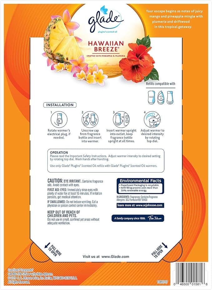Glade PlugIns Scented Oil Refill Essential Oil Infused Wall Plug in 6.39 fl. oz 9 ct. (Hawaiian Breeze)