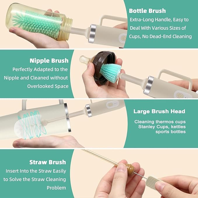 5 in 1 Electric Bottle Brush Cleaner Compatible Stanley Bottle Brush Straw Cleaner Multifunction Rechargeable IPX6 Waterproof Extra Long Design for Stanley Cup Sports Bottle and More (Black)
