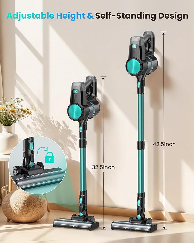 N3T Cordless Vacuum CleanerWireless Stick Vacuum with 40mins RuntimeSelf-StandingAnti-Tangle BrushRechargeable Lightweight Vacuum Cleaner for HomeHardwood FloorPet Hair Carpet-Cyan Green