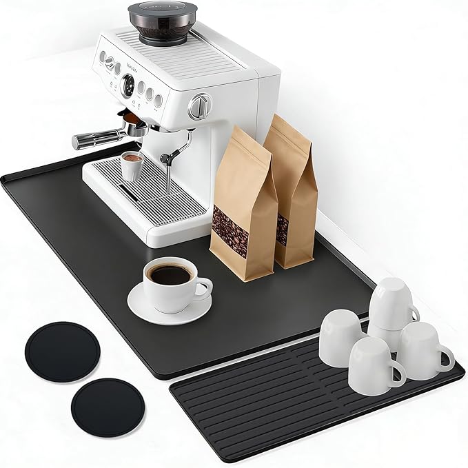 Mrcrypos Silicone Coffee Mat 16X24in Black - Non-Slip Espresso Countertop Mat Spill Proof Coffee Bar Mat for Kitchen Station with Detachable Dish Drying Mats Fit Cafes &amp Office Countertops