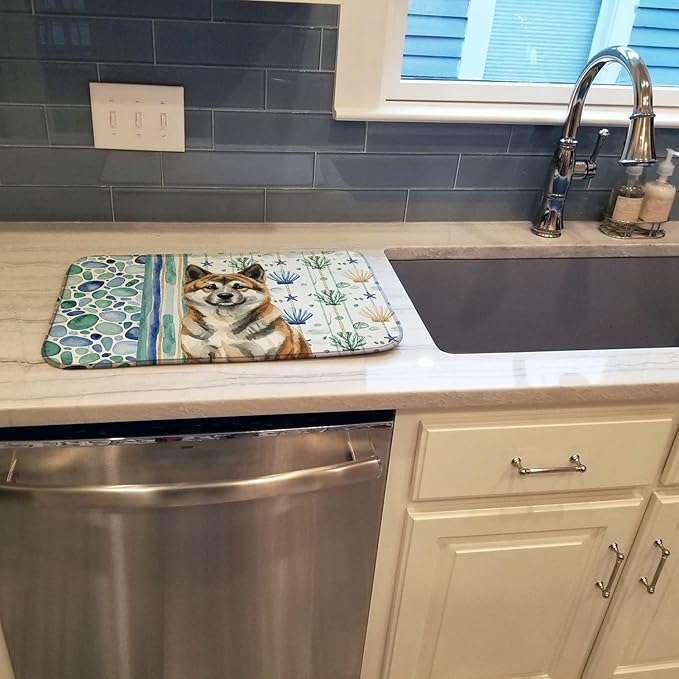 Caroline's Treasures Brindle Akita Coastal Sea Glass Dish Drying Mat Absorbent Dish Drying Mat Pad for Kitchen Counter Dish Drainer Mat for Countertop 14 x 21 Multicolor