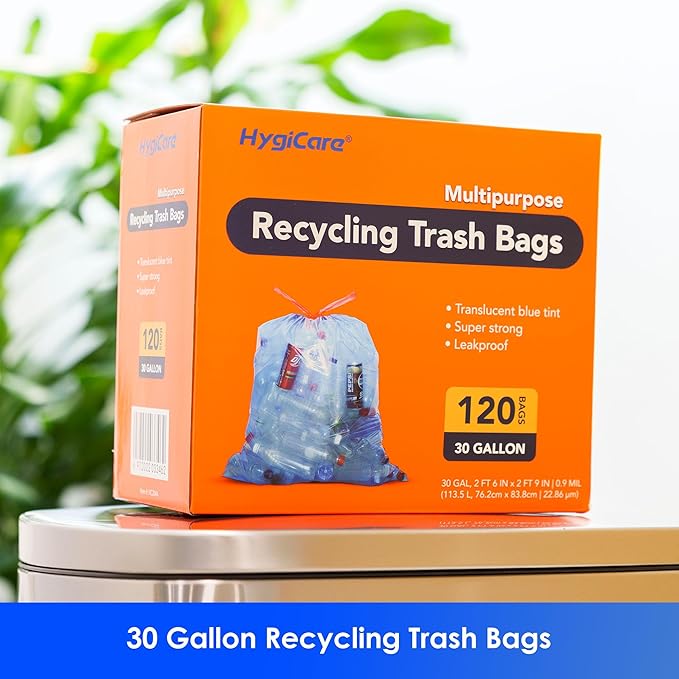30 Gallon Recycling Trash Bags Unscented 120 Count Drawstring Garbage Bags Pre-Separated Ultra Strong Leakproof Sturdy Translucent Blue