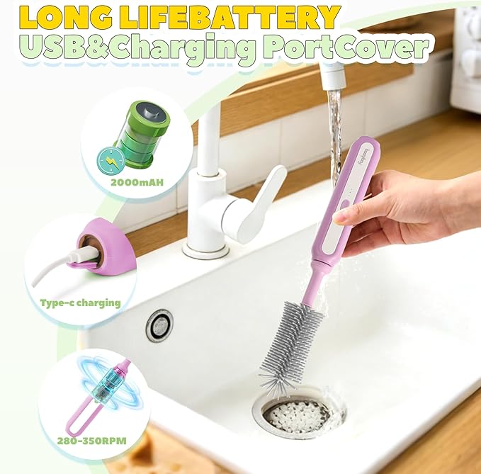 Electric Baby Bottle Brush Cleaner 5-in-1 Travel Kit with Storage Bag Food-Grade Silicone Long Battery Life Portable Baby Bottle Cleaner Brush Set Ideal Gift for Parents &amp Babies (Purple)