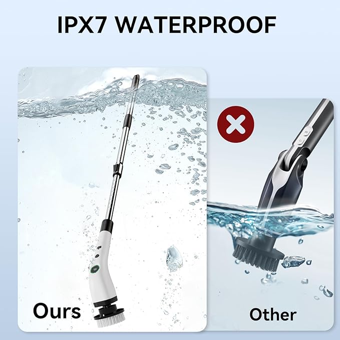 Electric Bathroom Cleaning Brush Cordless Spin Scrubber Full Body Waterproof IPX7 with Adjustable Handle 8 Replaceable Brush Heads for Bathtub/Kitchen/Window/Home -SD-CTB01
