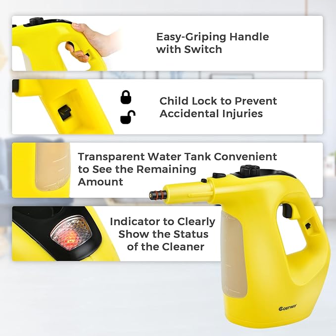 SAFSTAR Handheld Steam Cleaner 1400W Pressurized Steamer with 14-Piece Accessories &amp Child Lock Multipurpose Portable Steam-shot Steam Mop for Cleaning Kitchen Floor Sofas Car Windows (Yellow)
