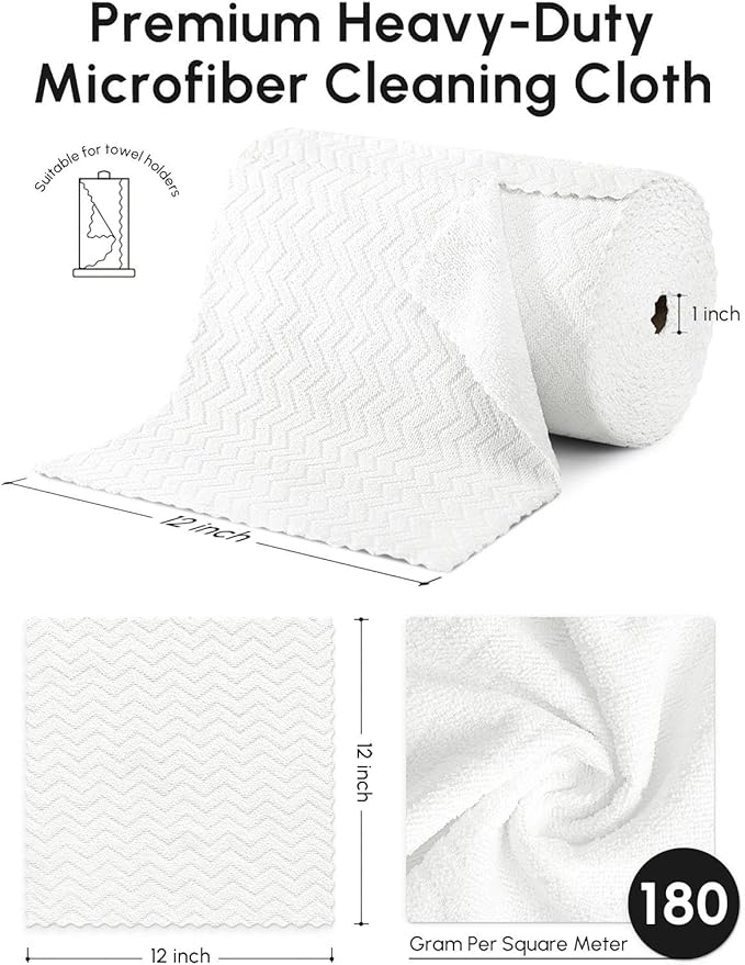 Microfiber Cleaning Cloths Roll 75 Pack Tear Away Microfiber Towels Roll 12 x 12 Lint Free Rags Reusable Cleaning Cloths Washable Scratch FreeUltra Absorbent Dish Rags(White Ripple)