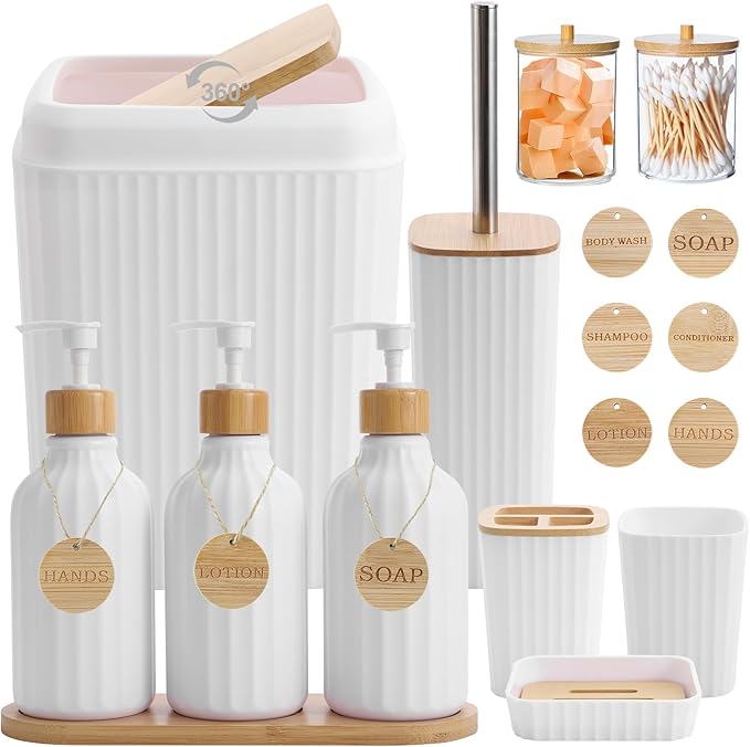 Bathroom Accessories Set White Bathroom Set with Trash Can3PCS Lotion Soap Dispenser Toothbrush Holder Soap DishTumbler Cup6pcs Wood Tags White Bath Accessories with Tray for Bathroom Decor