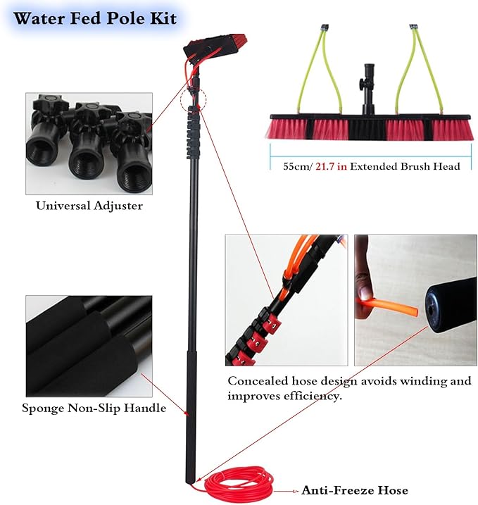 High Window Cleaning Brush with Telescoping Rod Water Fed Pole Solar Panel Cleaner System for House Siding/Trucks Glass 180° Rotatable Head 17.7ft Reach