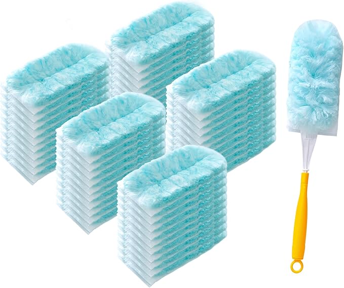 50 Count Duster Refill for Swiffer Duster Heavy Duty Duster Refills with 2 Handle 360° Dusters Refills Kit with 4X Microfibers Disposable Dusters for Cleaning Home
