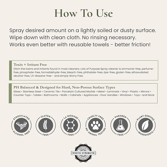 Rustic Strength Lots of Purpose Spray Cleaner Unscented Multi-Surface pH Balanced Non-Toxic Biodegradable 1 Gallon Plastic