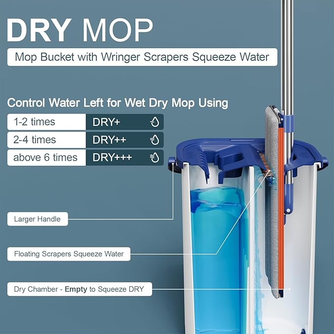 Large Mop and Bucket System with Wringer Set Hands-Free Flat Mops for Floor Cleaning Mopping Bucket System with 8 Washable Microfiber Pads for Wet and Dry Use Home Windows and Wall Cleaner Mop