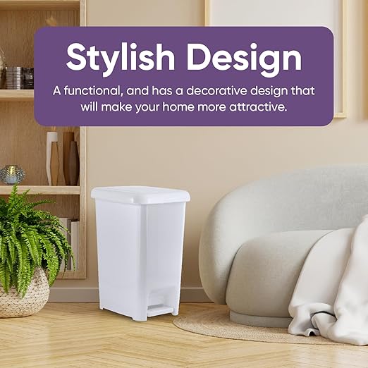 Superio Slim Trash Can with Foot Pedal – 6.5 Gallon Step-On Trash Can Plastic Garbage Can with Lid Trash Can for Bathroom Bedroom RV Kitchen Office Patio or Dorm – White Smoke