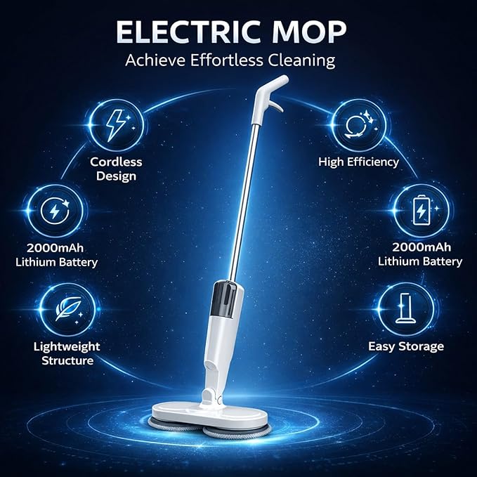 Electric Mop Lightweight Cordless with Water Sprayer Rechargeable 2000mAh Battery White - Retractable Rod Quiet Operation Ideal for Hardwood Tile and Marble Floors (White)