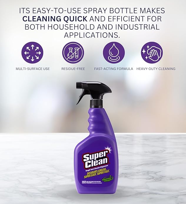 Super Clean Citrus Scent Cleaner and Degreaser Spray 32 oz Bundle with Microfiber Cloth - Heavy Duty Degreaser for Kitchen Oil Grime and Dirt Removal - (2 Items)