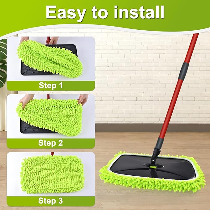 Mops for Floor Cleaning Dust Mop for Hardwood Floors Extra Large Floor Mop with Extendable Handle and 3 Reusable Chenille Mop Pads Flat Dust Mops for Hardwood Marble Vinyl Tile Floors Cleaning