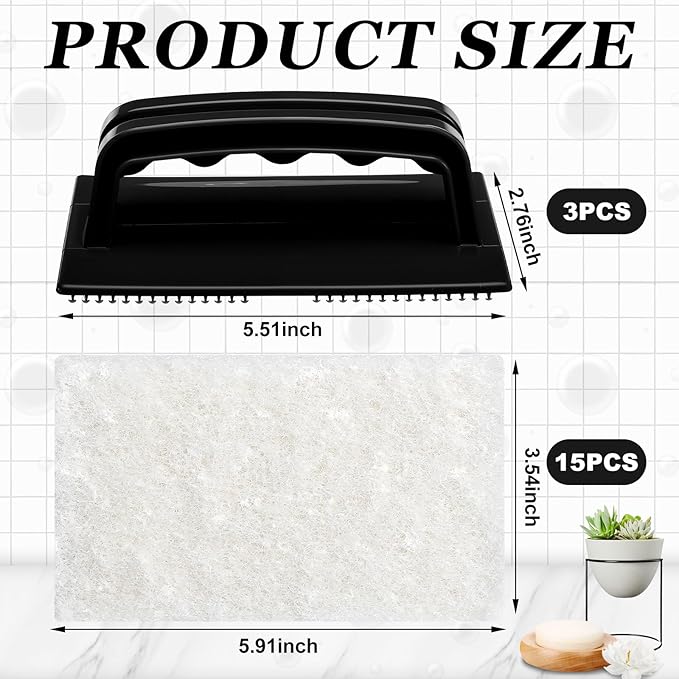 Maxdot 18 Pcs Handled Bath Scrubber Set 15 Bathroom Scouring Pad 3 Bathtub Scrubber with Handle Non Scratch Soap Scum Remover for Cleaning Sink Shower Tile Swimming Pool Step Corner (Black and White)