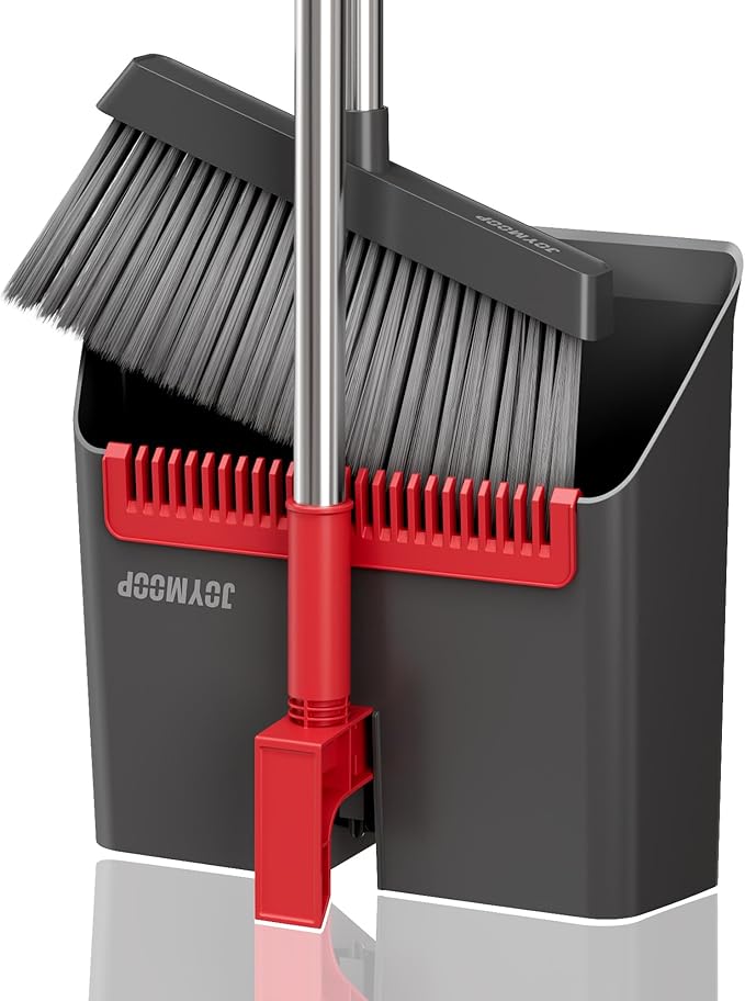 JOYMOOP Black and Red Broom and Dustpan Set Upright Angle Design with Built-in Comb Teeth for Home Office Hard Floors