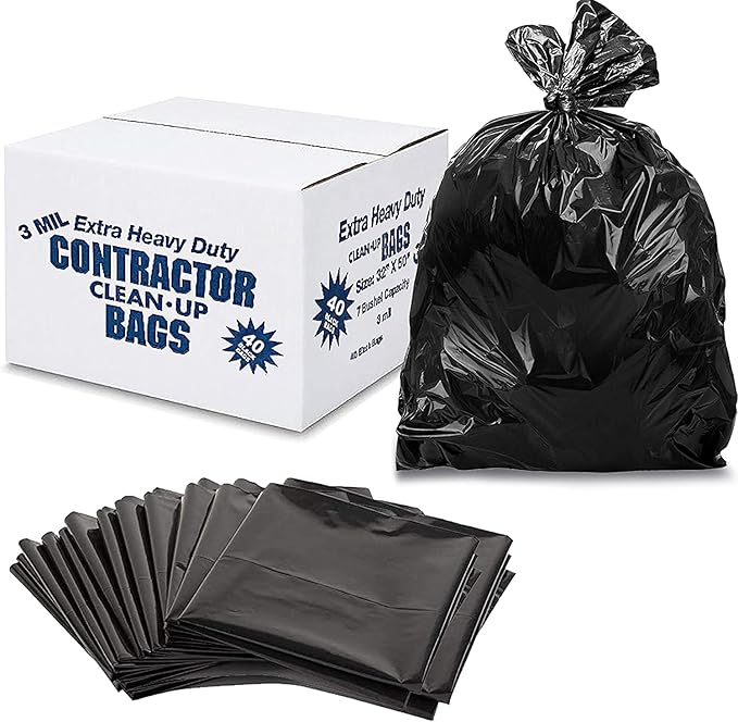 Contractor Construction Garbage Bags - Large Black Trash for Construction Moving Cleaning Heavy Duty 3 Mil Thick Plastic Bag 42 Gallon 32x50'' 40 Count (Pack of 1) (ContractBags4240ct)