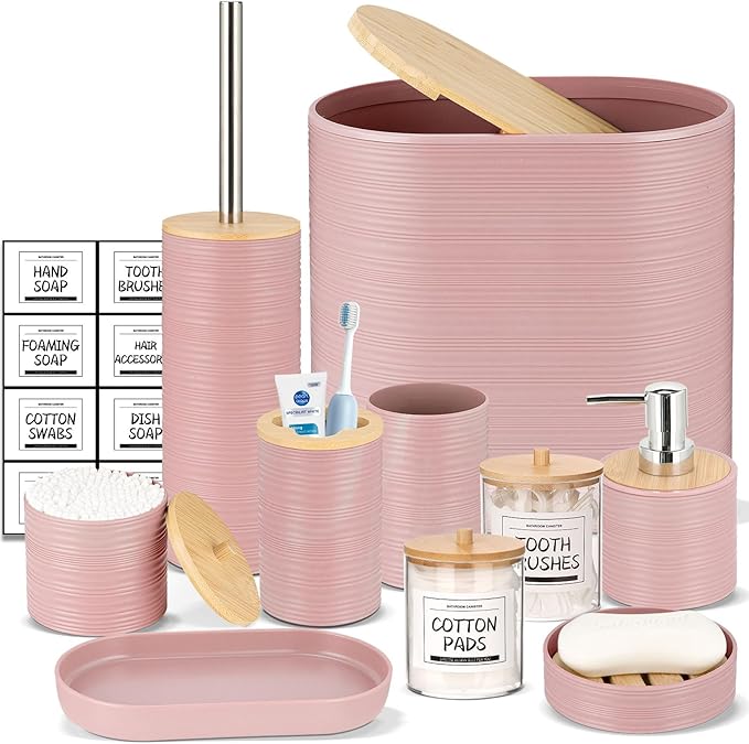 IMAVO Bathroom Accessory Set-11Pcs Pink Bathroom Accessories Set with Trash CanSoap DispenserSoap DishToothbrush HolderToothbrush CupToilet Brush HolderQtip Holder Dispenser with Labels